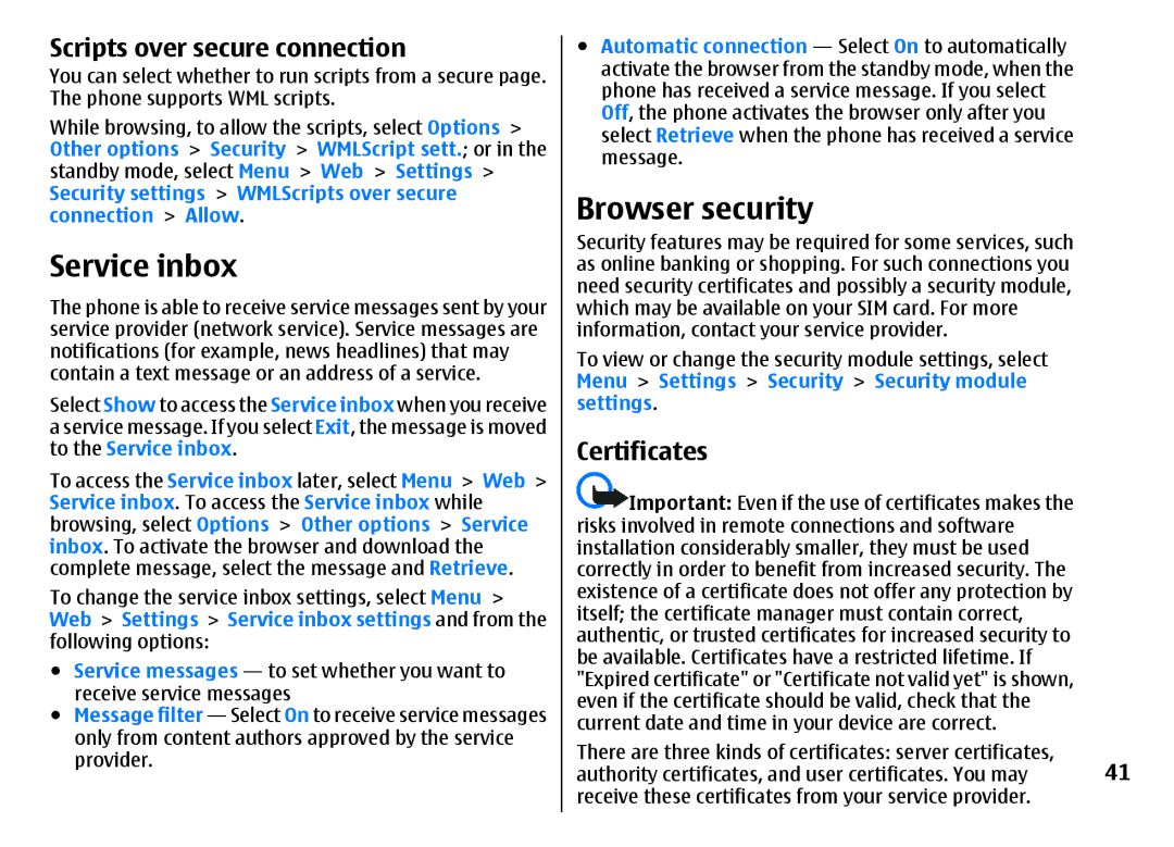 Nokia 3500 manual Service inbox, Browser security, Scripts over secure connection, Certificates 