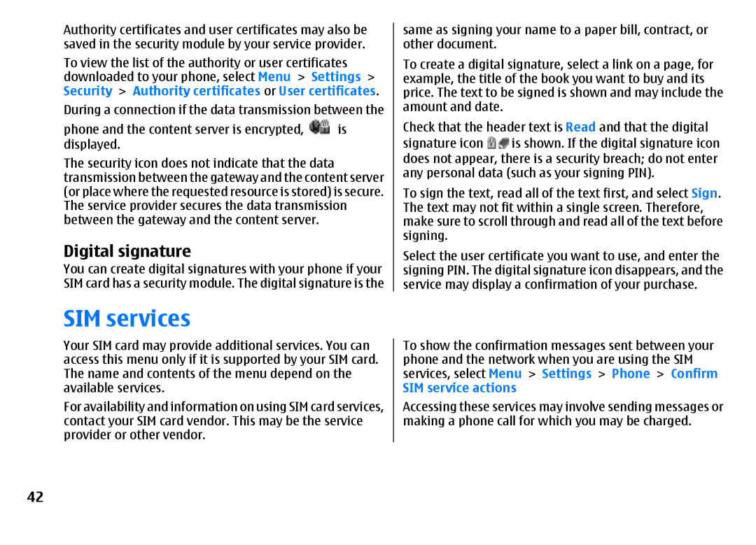 Nokia 3500 manual SIM services, Digital signature, Phone and the content server is encrypted Displayed, SIM service actions 