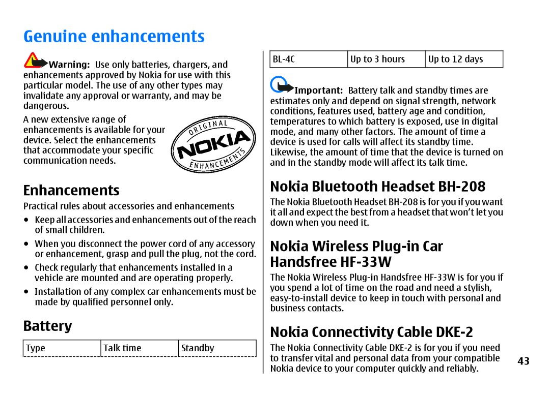 Nokia 3500 Genuine enhancements, Battery, Nokia Bluetooth Headset BH-208, Nokia Wireless Plug-in Car Handsfree HF-33W 