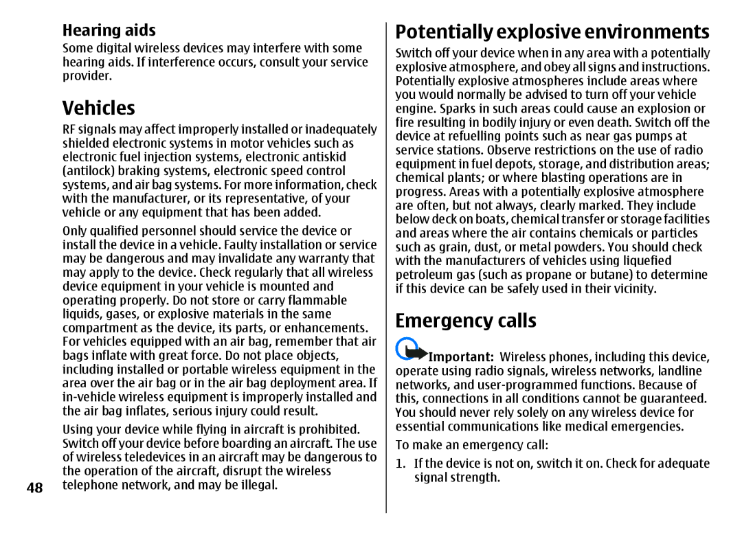 Nokia 3500 manual Vehicles, Potentially explosive environments, Emergency calls, Hearing aids 