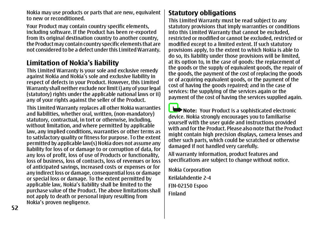 Nokia 3500 Limitation of Nokias liability, Statutory obligations, Nokia Corporation Keilalahdentie FIN-02150 Espoo Finland 