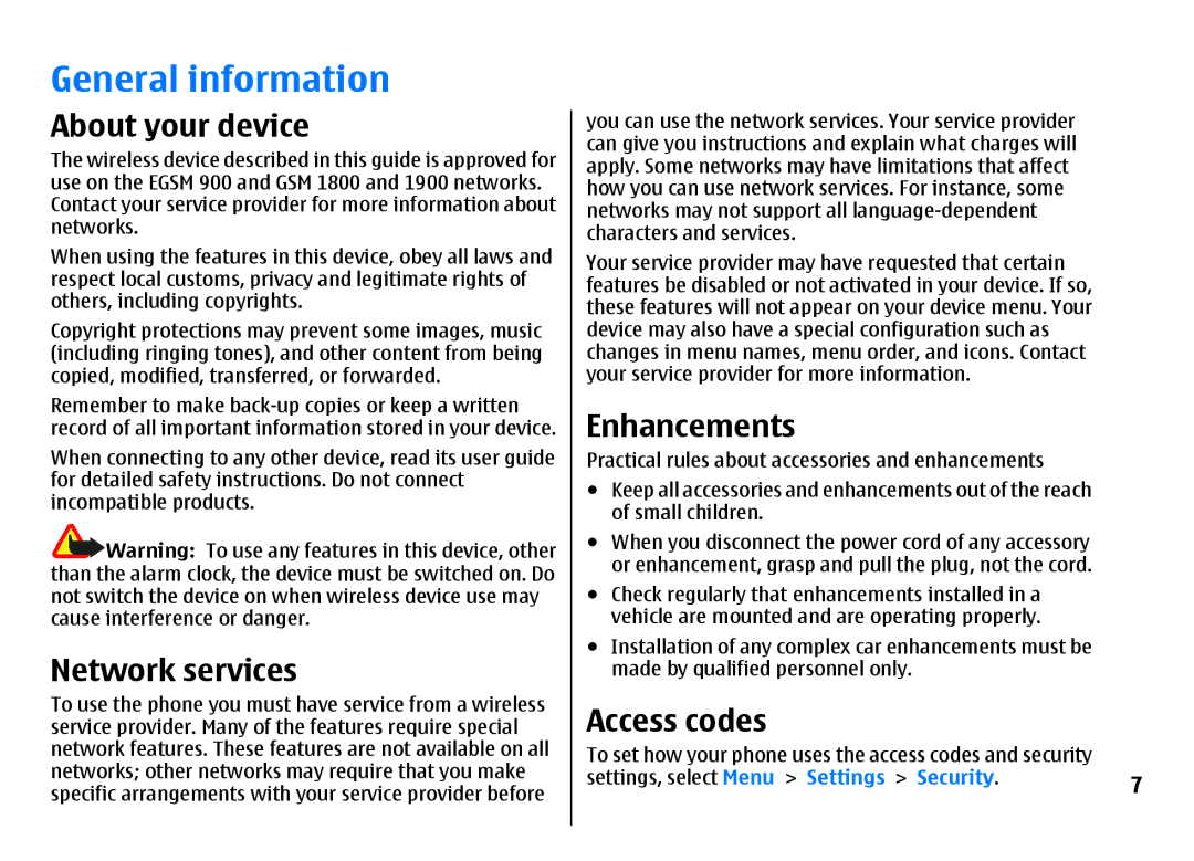 Nokia 3500 manual General information, About your device, Network services, Enhancements, Access codes 