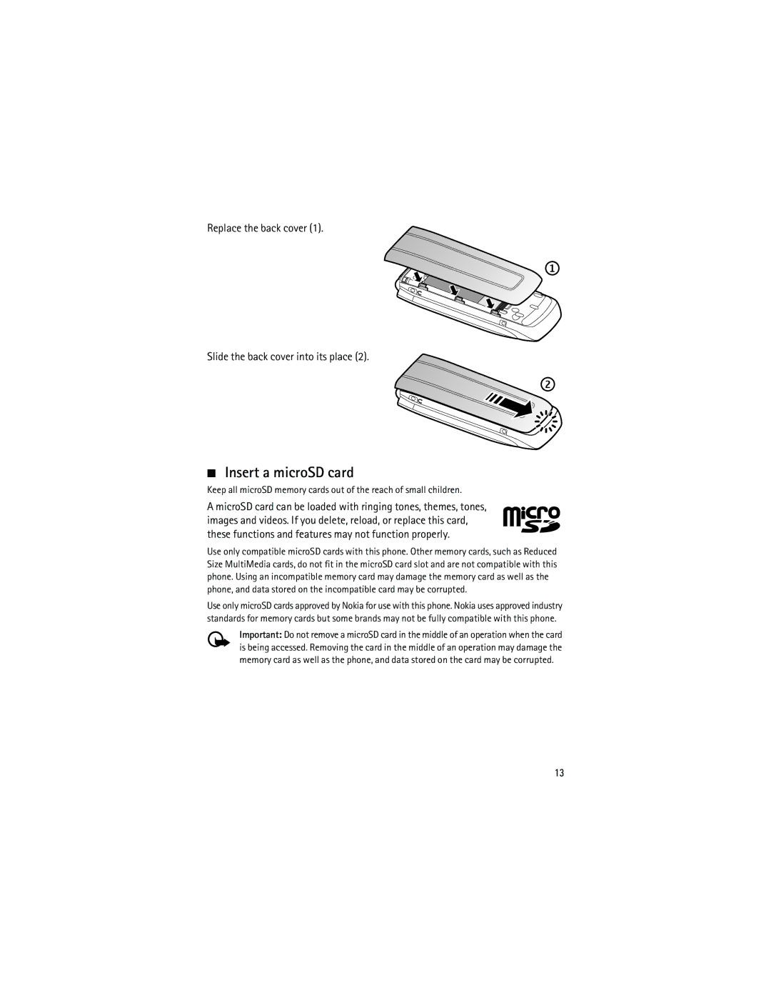 Nokia 3555 manual Insert a microSD card, Replace the back cover Slide the back cover into its place 