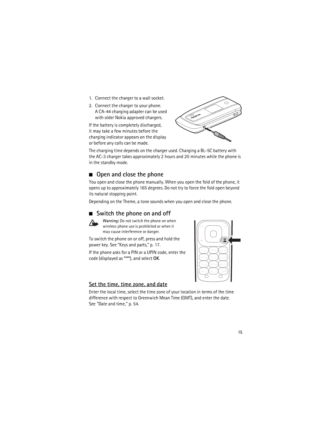 Nokia 3555 manual Open and close the phone, Switch the phone on and off, Set the time, time zone, and date 