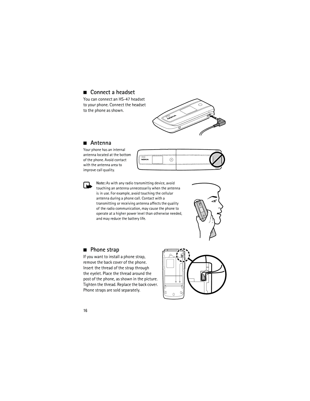 Nokia 3555 manual Connect a headset, Antenna, Phone strap 