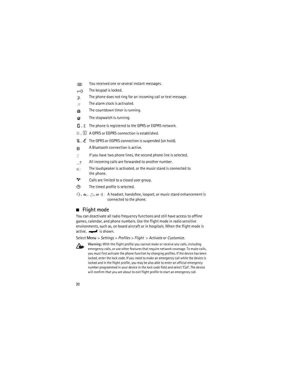 Nokia 3555 manual Flight mode, Active, is shown, Select Menu Settings Profiles Flight Activate or Customize 