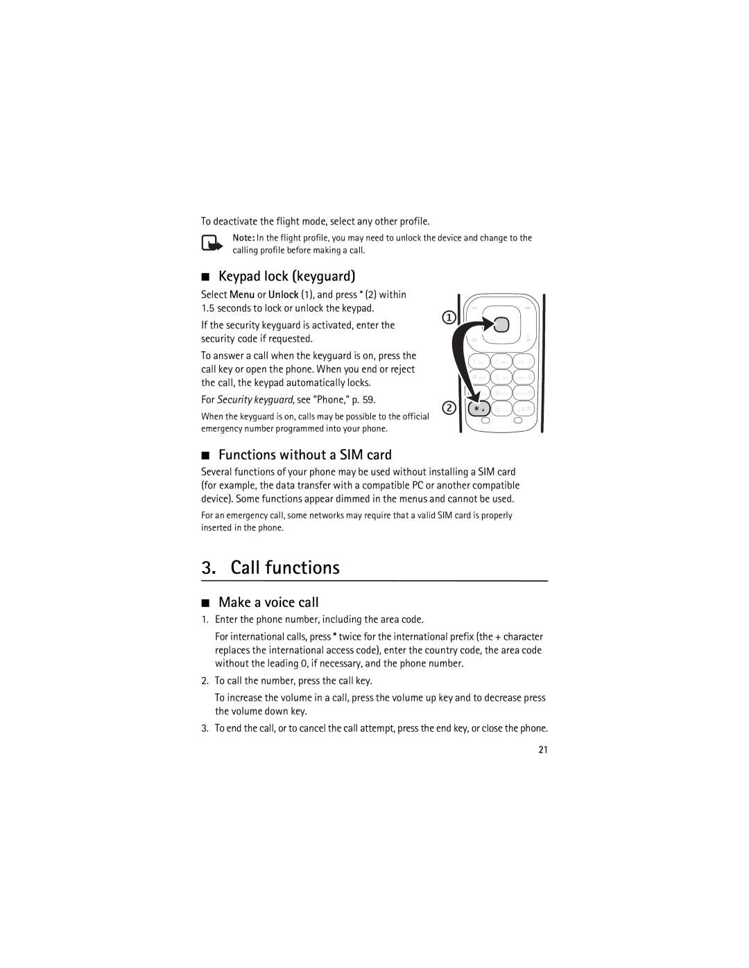 Nokia 3555 manual Call functions, Keypad lock keyguard, Functions without a SIM card, Make a voice call 