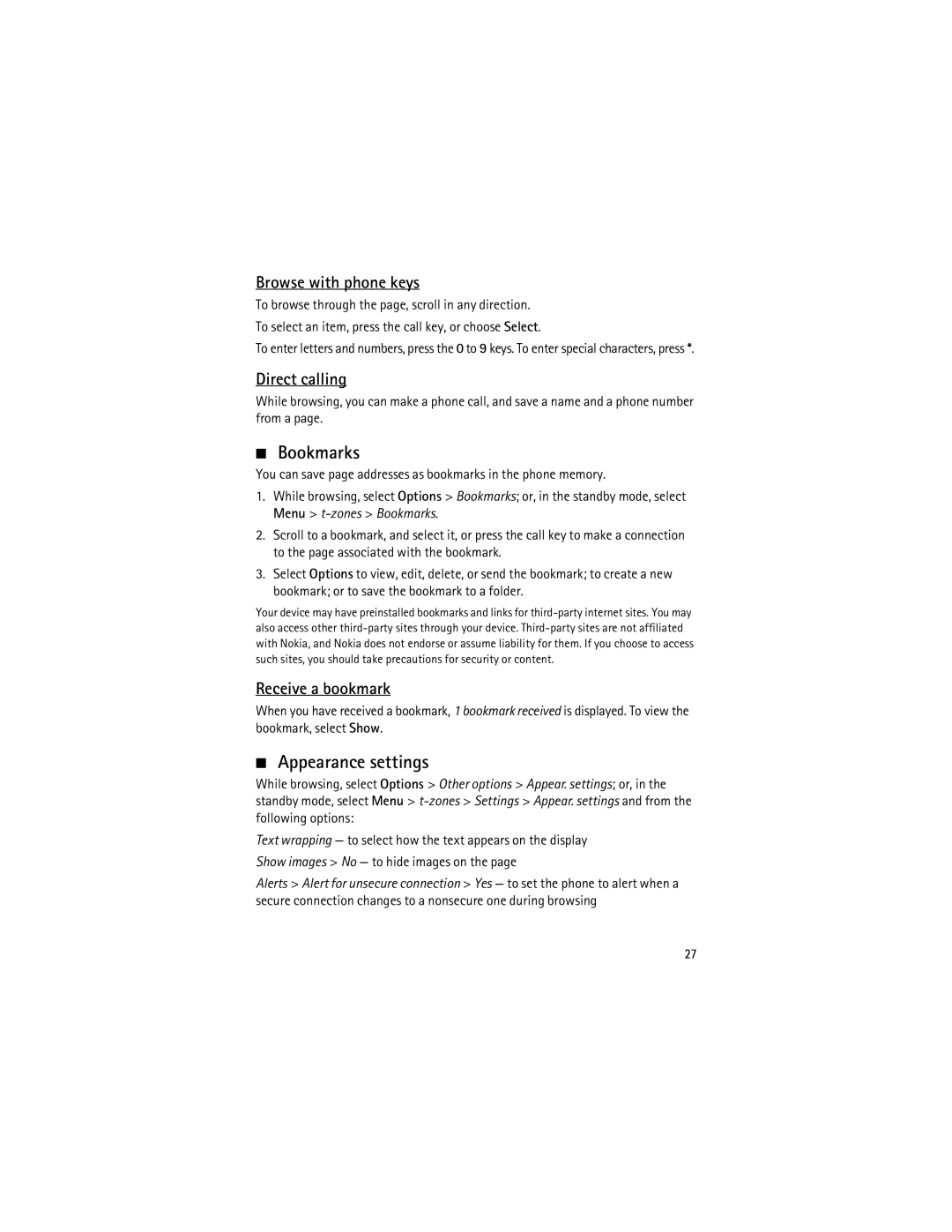 Nokia 3555 manual Bookmarks, Appearance settings, Browse with phone keys, Direct calling, Receive a bookmark 