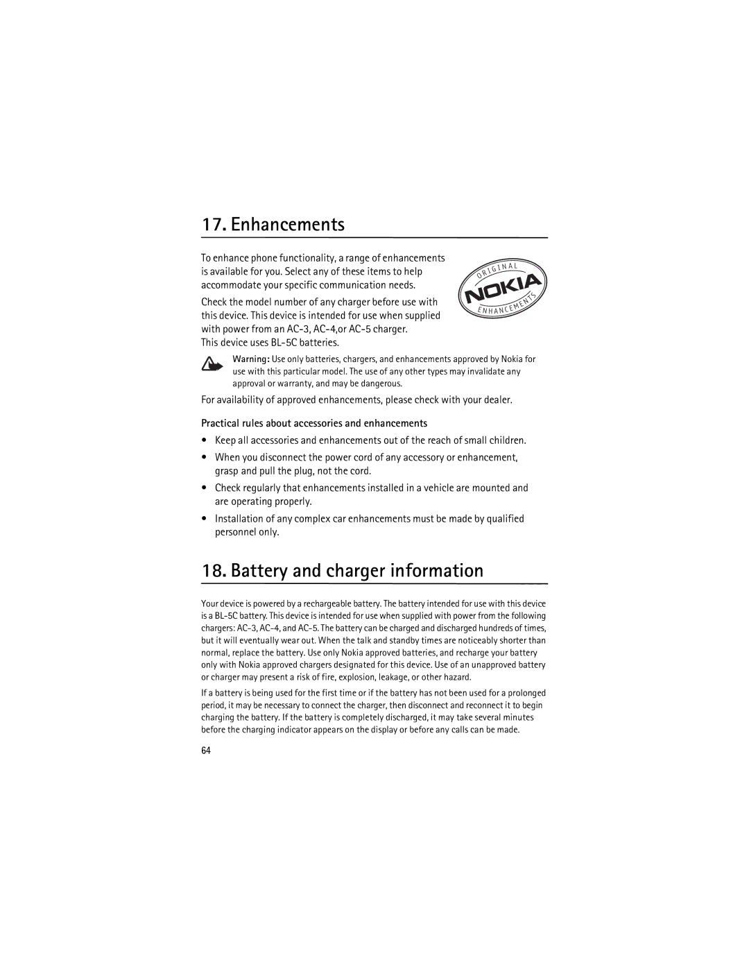 Nokia 3555 manual Enhancements, Battery and charger information, Practical rules about accessories and enhancements 