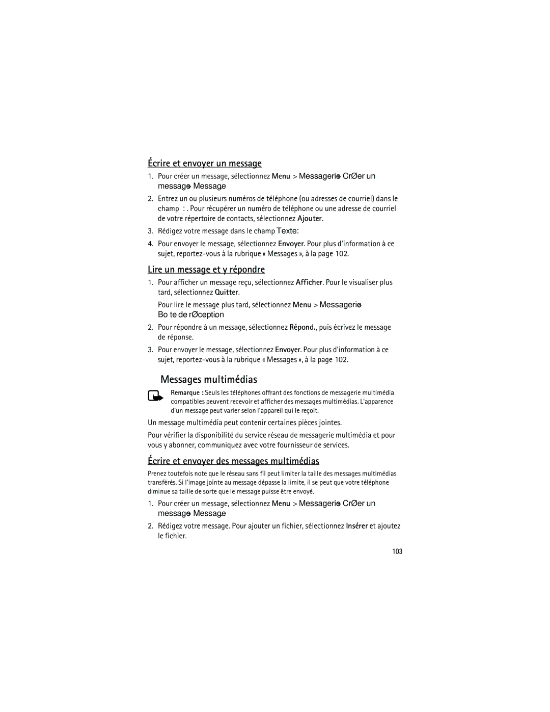 Nokia 3555 manual Messages multimédias, Écrire et envoyer un message, Lire un message et y répondre, 103 