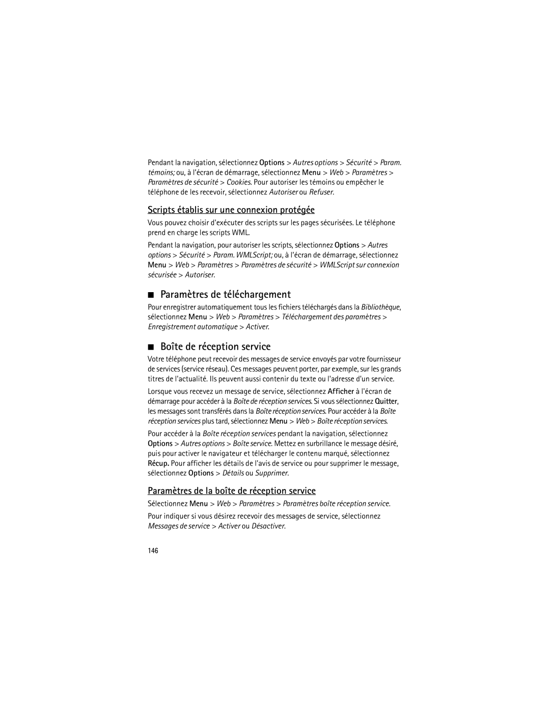 Nokia 3555 manual Paramètres de téléchargement, Boîte de réception service, Scripts établis sur une connexion protégée, 146 