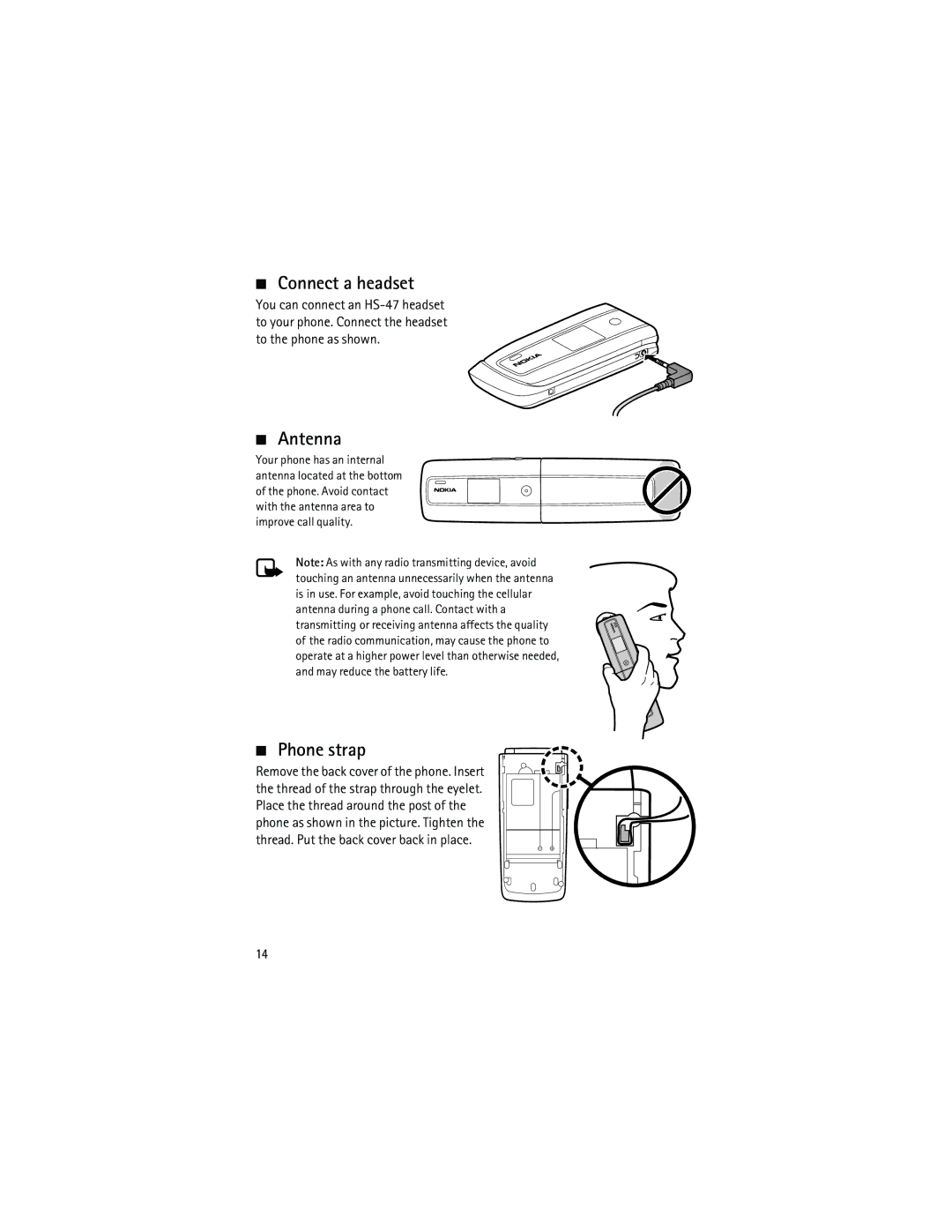 Nokia 3555 manual Connect a headset, Antenna, Phone strap 