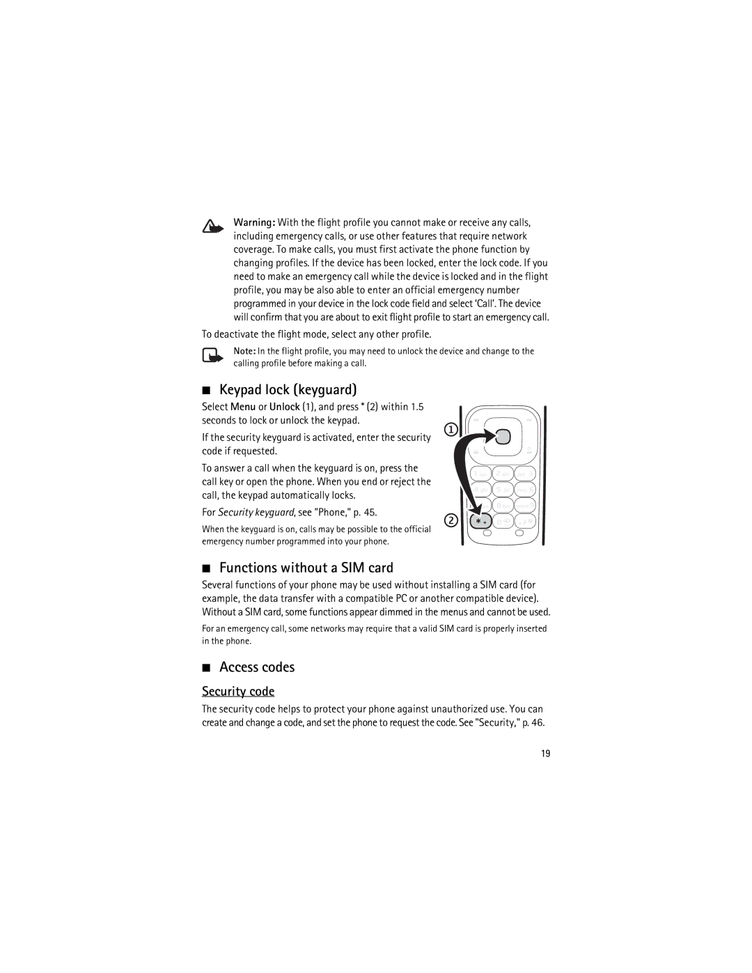 Nokia 3555 manual Keypad lock keyguard, Functions without a SIM card, Access codes, Security code 