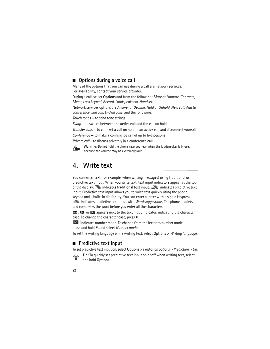 Nokia 3555 manual Write text, Options during a voice call, Predictive text input 