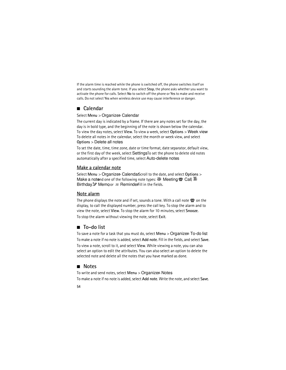 Nokia 3555 manual Calendar, To-do list, Make a calendar note, To stop the alarm without viewing the note, select Exit 