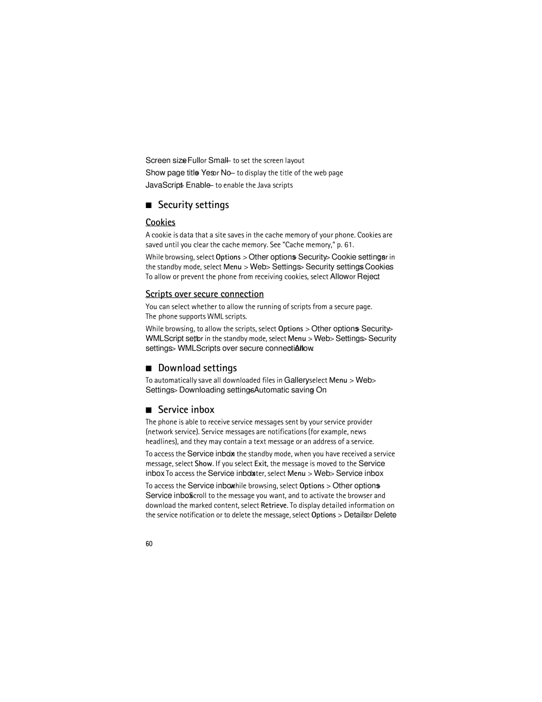 Nokia 3555 manual Security settings, Download settings, Service inbox, Cookies, Scripts over secure connection 