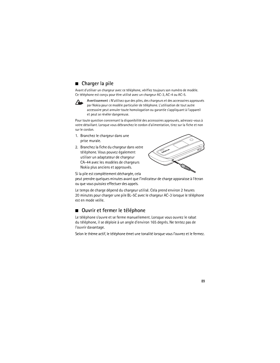 Nokia 3555 manual Charger la pile, Ouvrir et fermer le téléphone, Branchez le chargeur dans une prise murale 