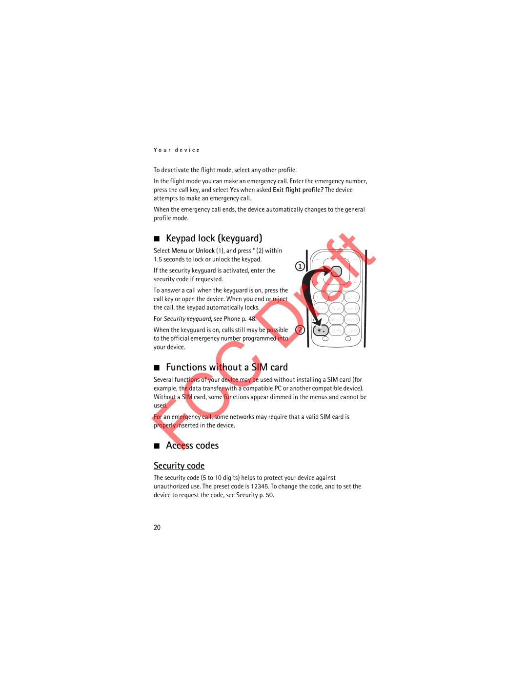 Nokia 3555c manual Keypad lock keyguard, Functions without a SIM card, Access codes, Security code 