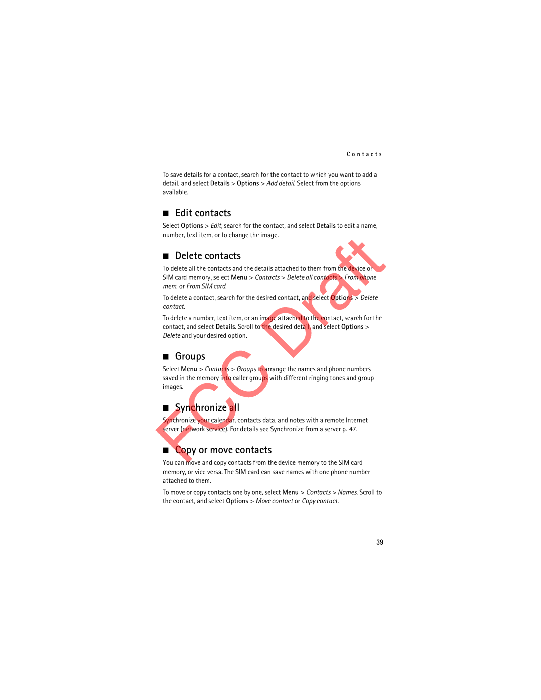 Nokia 3555c manual Edit contacts, Delete contacts, Groups, Synchronize all, Copy or move contacts 