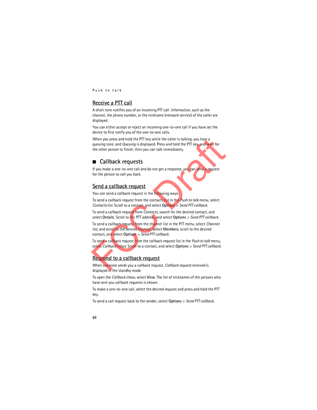 Nokia 3555c manual Callback requests, Receive a PTT call, Send a callback request, Respond to a callback request 