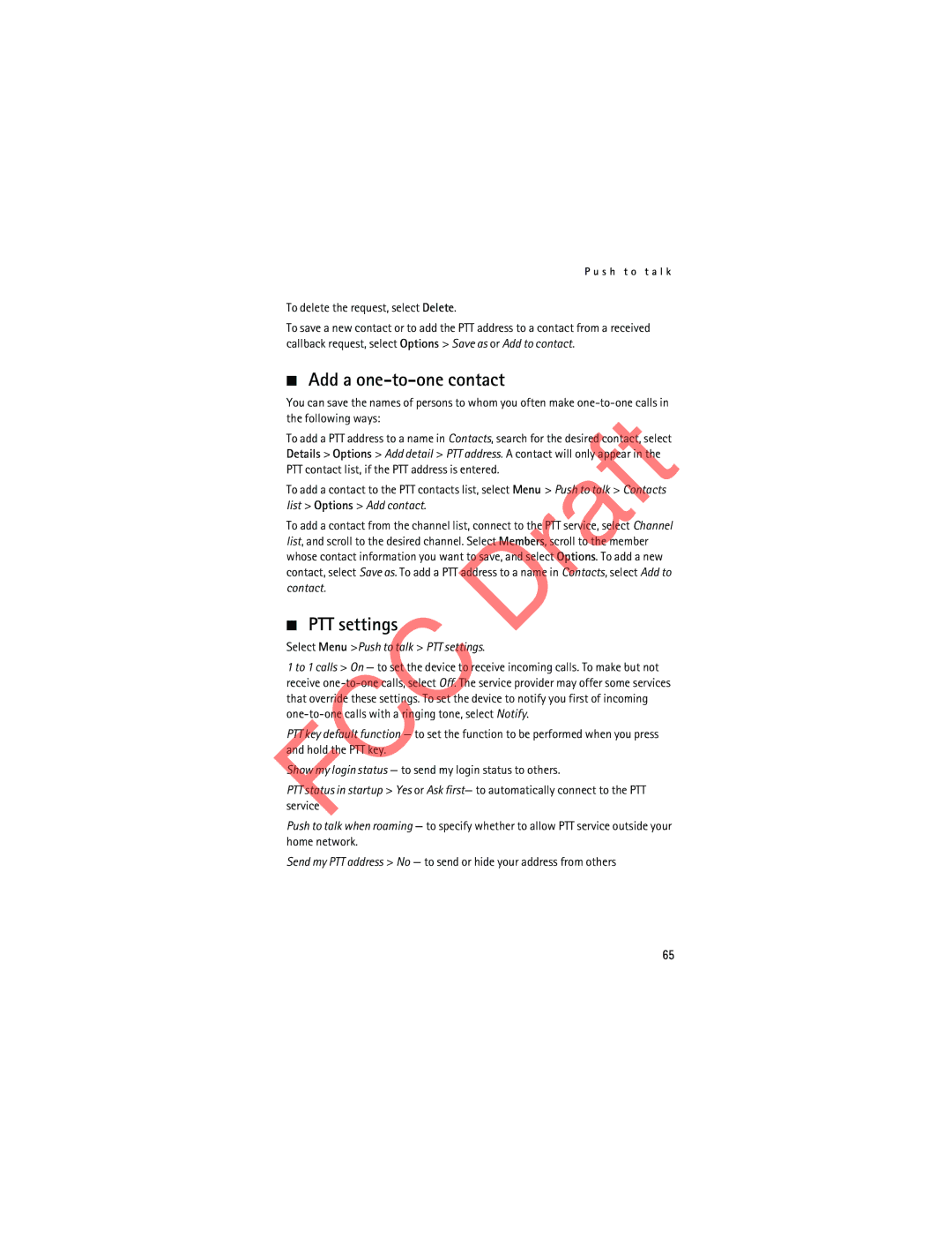 Nokia 3555c manual Add a one-to-one contact, PTT settings, To delete the request, select Delete 