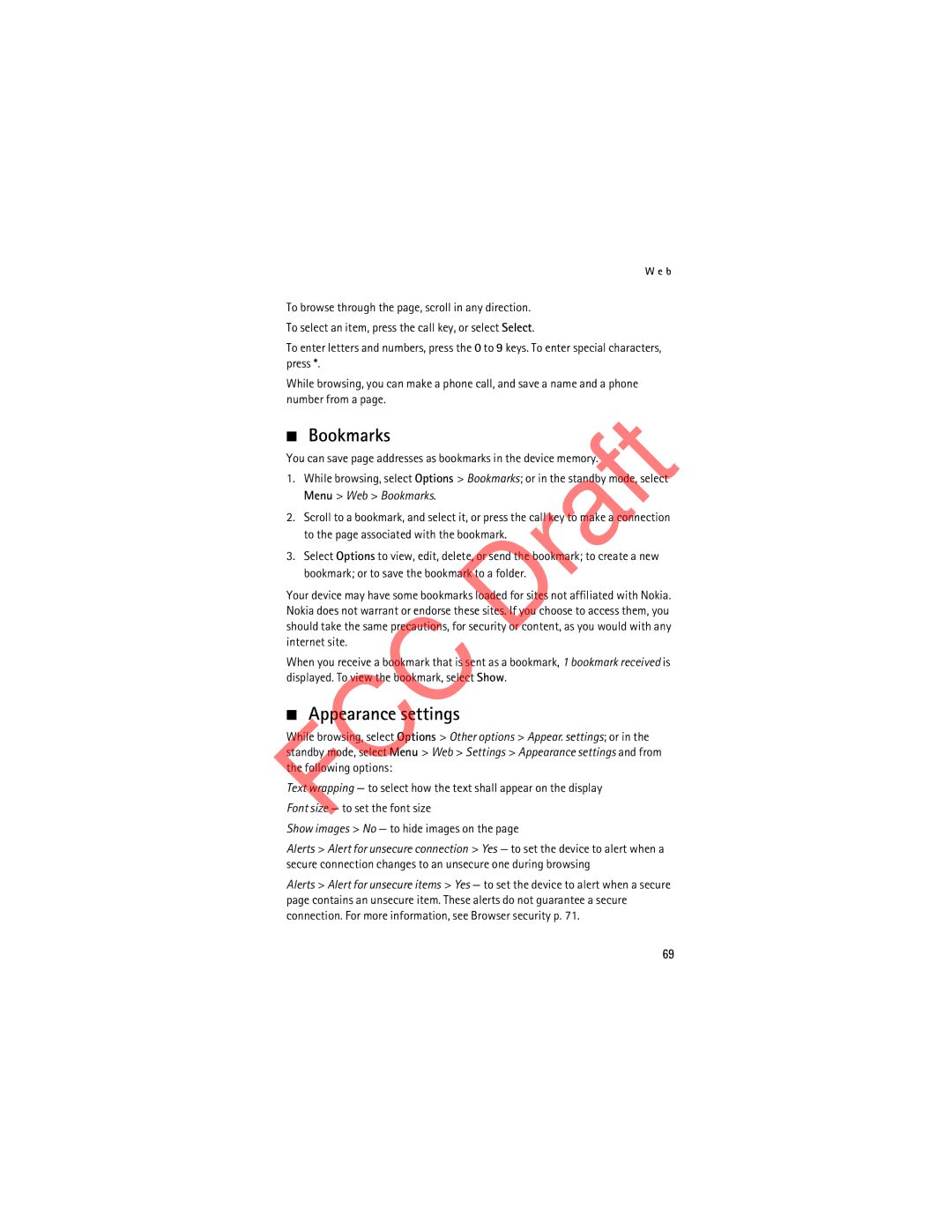 Nokia 3555c manual Bookmarks, Appearance settings 