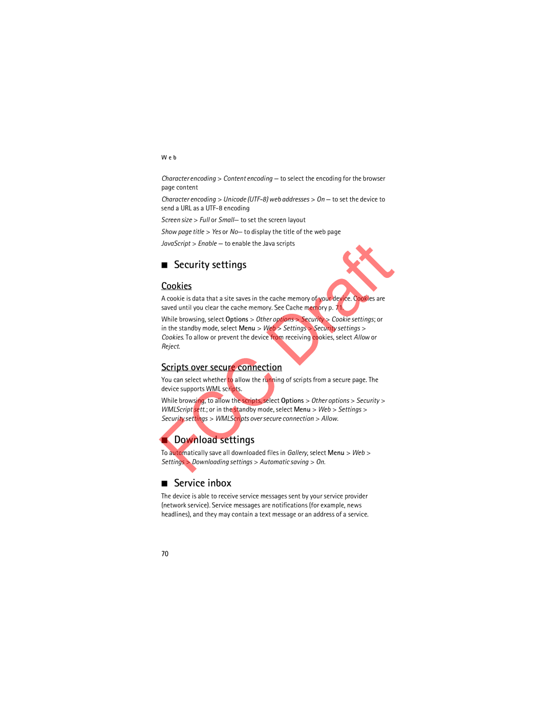 Nokia 3555c manual Security settings, Download settings, Service inbox, Cookies, Scripts over secure connection 