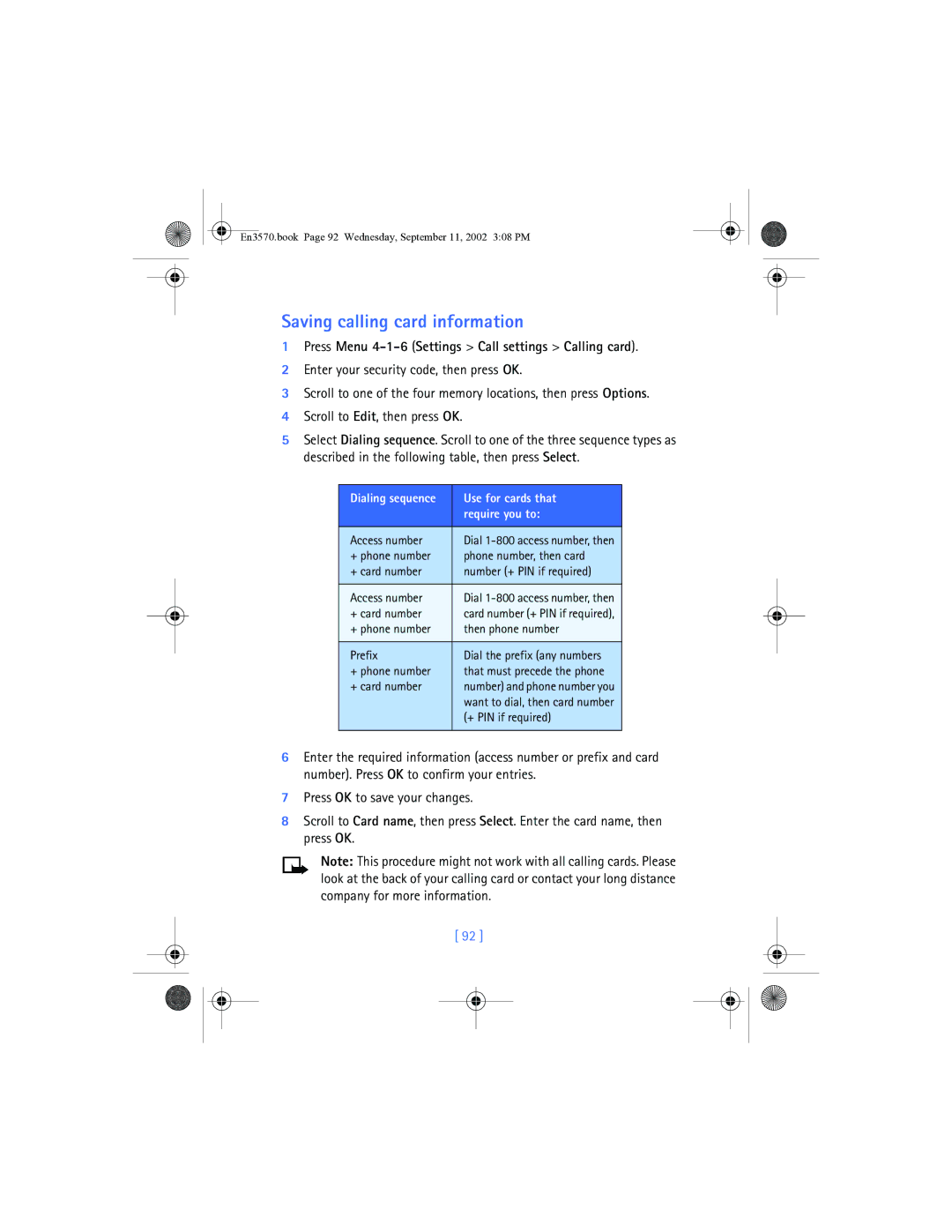 Nokia 3570 manual Saving calling card information, Press Menu 4-1-6 Settings Call settings Calling card 