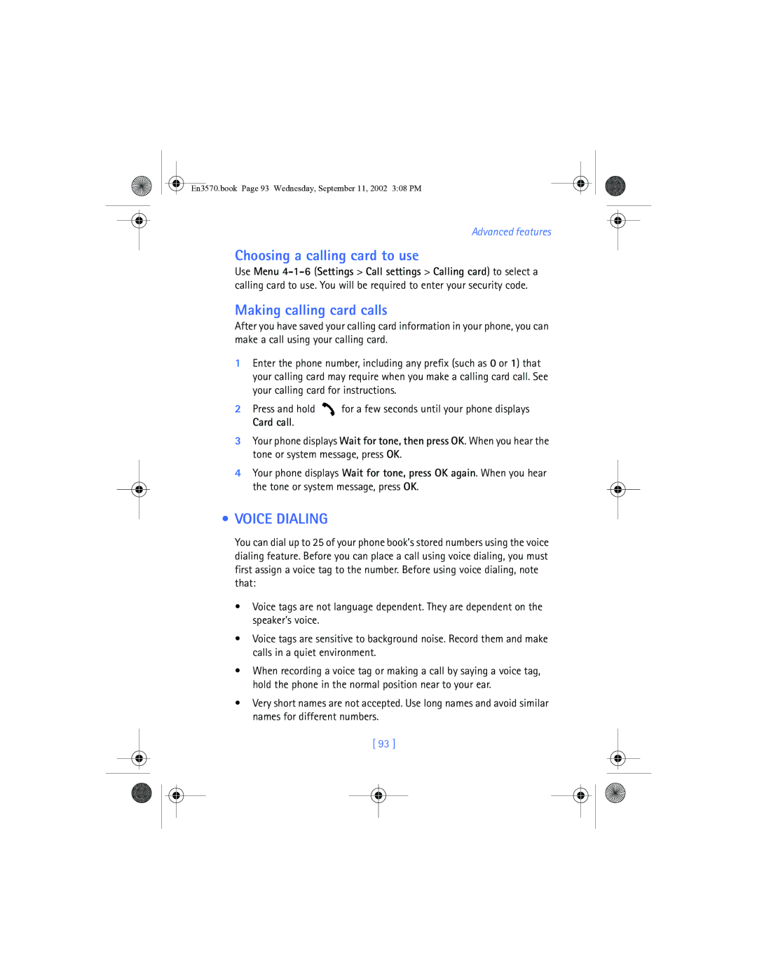 Nokia 3570 manual Choosing a calling card to use, Making calling card calls, Voice Dialing 