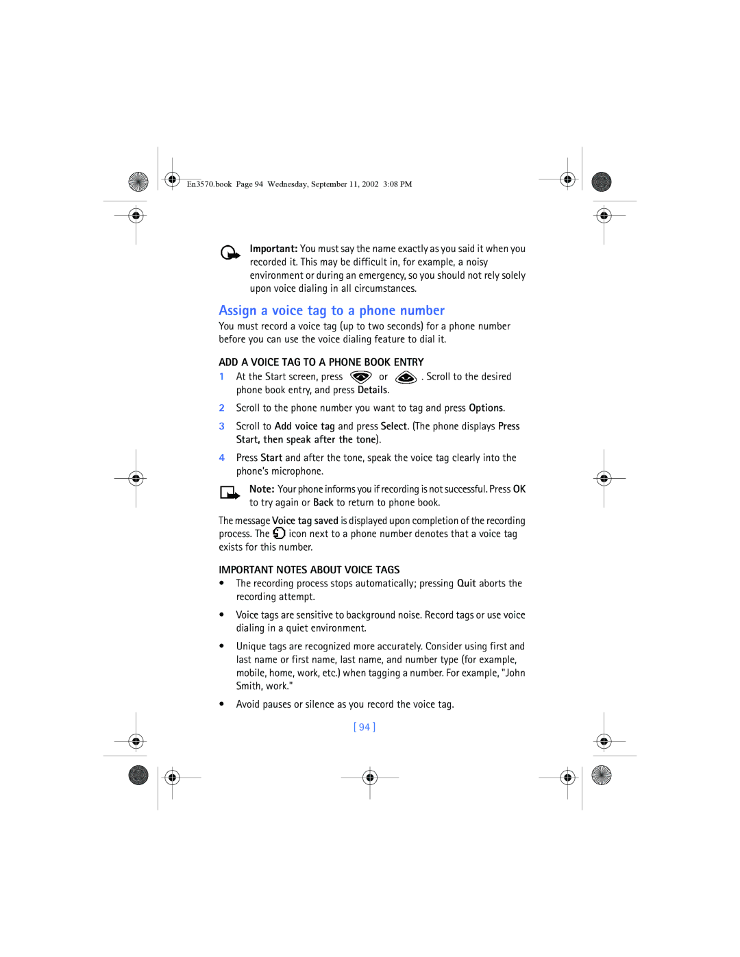 Nokia 3570 Assign a voice tag to a phone number, ADD a Voice TAG to a Phone Book Entry, Important Notes about Voice Tags 