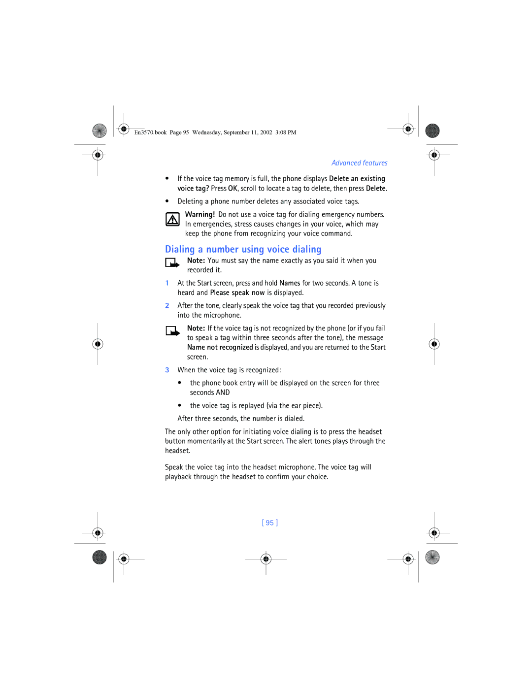 Nokia 3570 manual Dialing a number using voice dialing, Deleting a phone number deletes any associated voice tags 