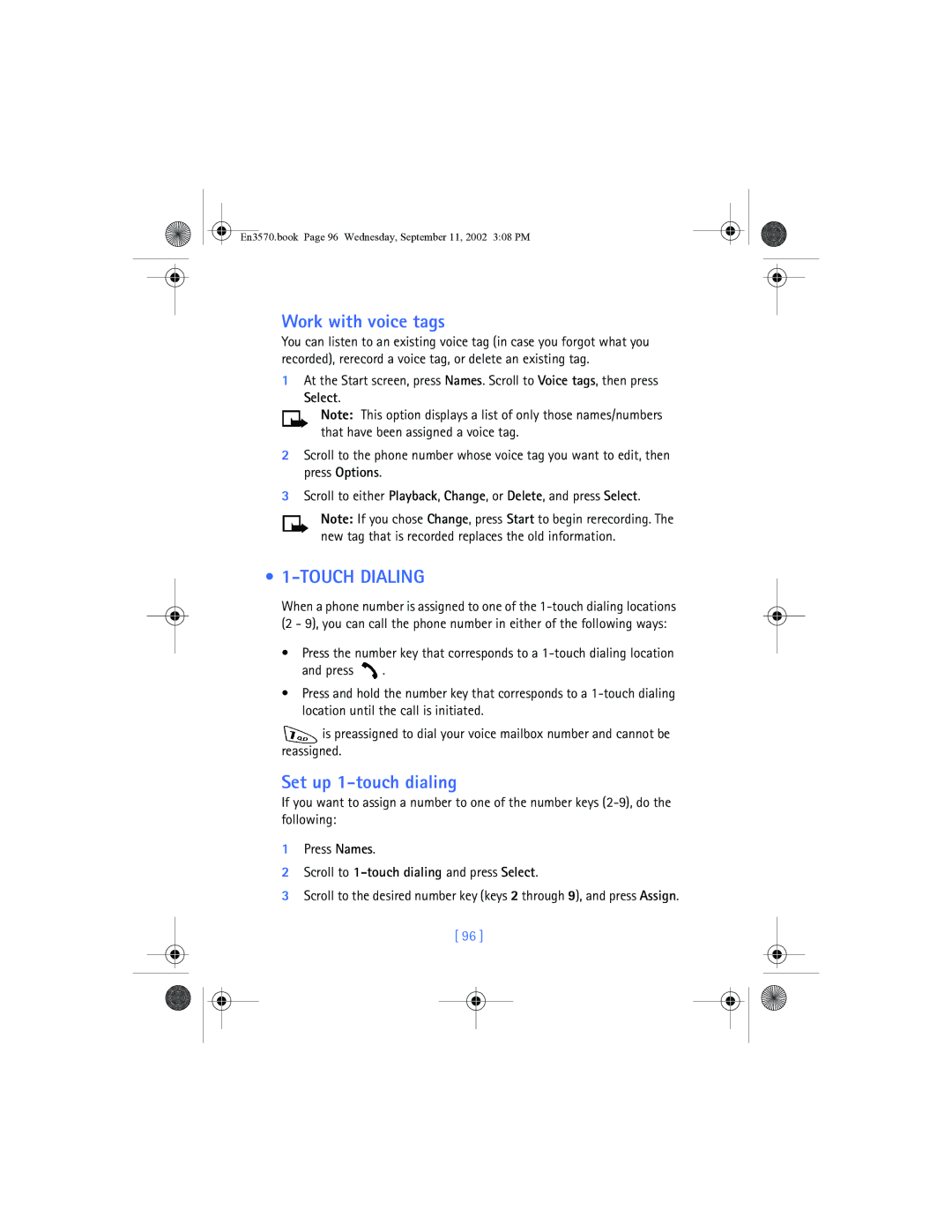 Nokia 3570 manual Touch Dialing, Set up 1-touch dialing, Scroll to 1-touch dialing and press Select 