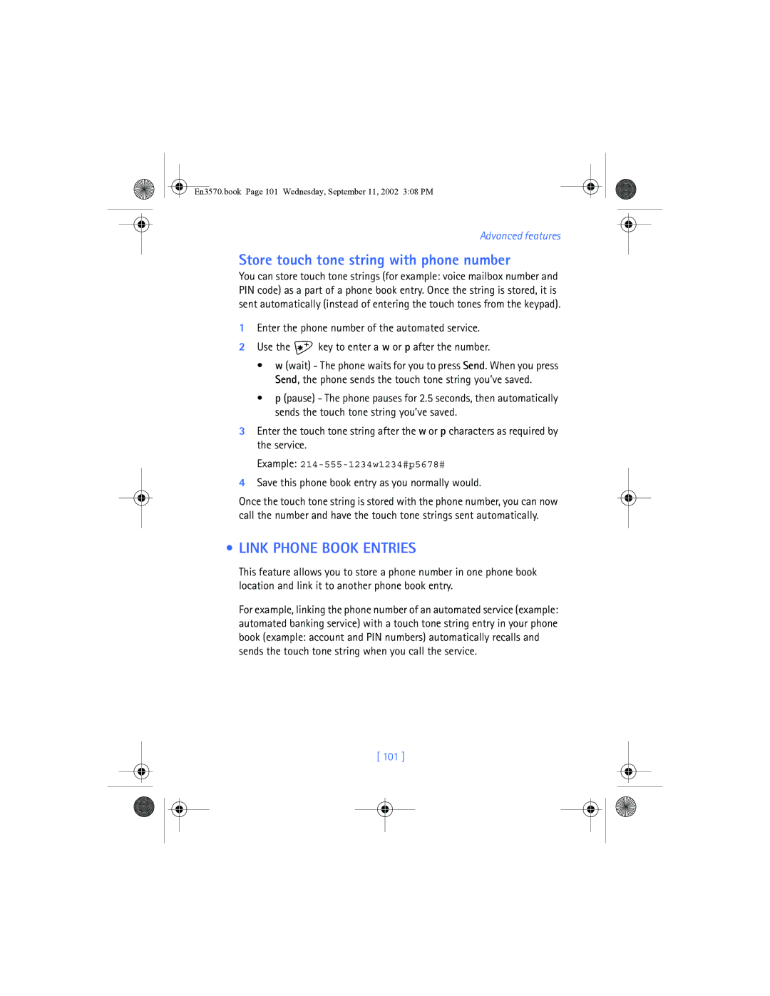 Nokia 3570 manual Store touch tone string with phone number, Link Phone Book Entries, 101 