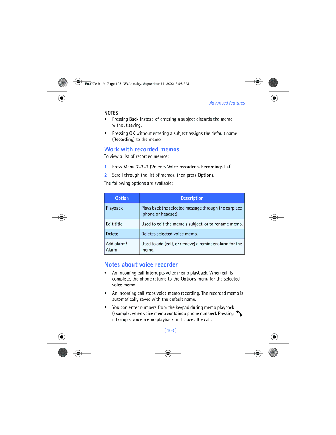 Nokia 3570 manual Work with recorded memos, Press Menu 7-3-2 Voice Voice recorder Recordings list, 103 