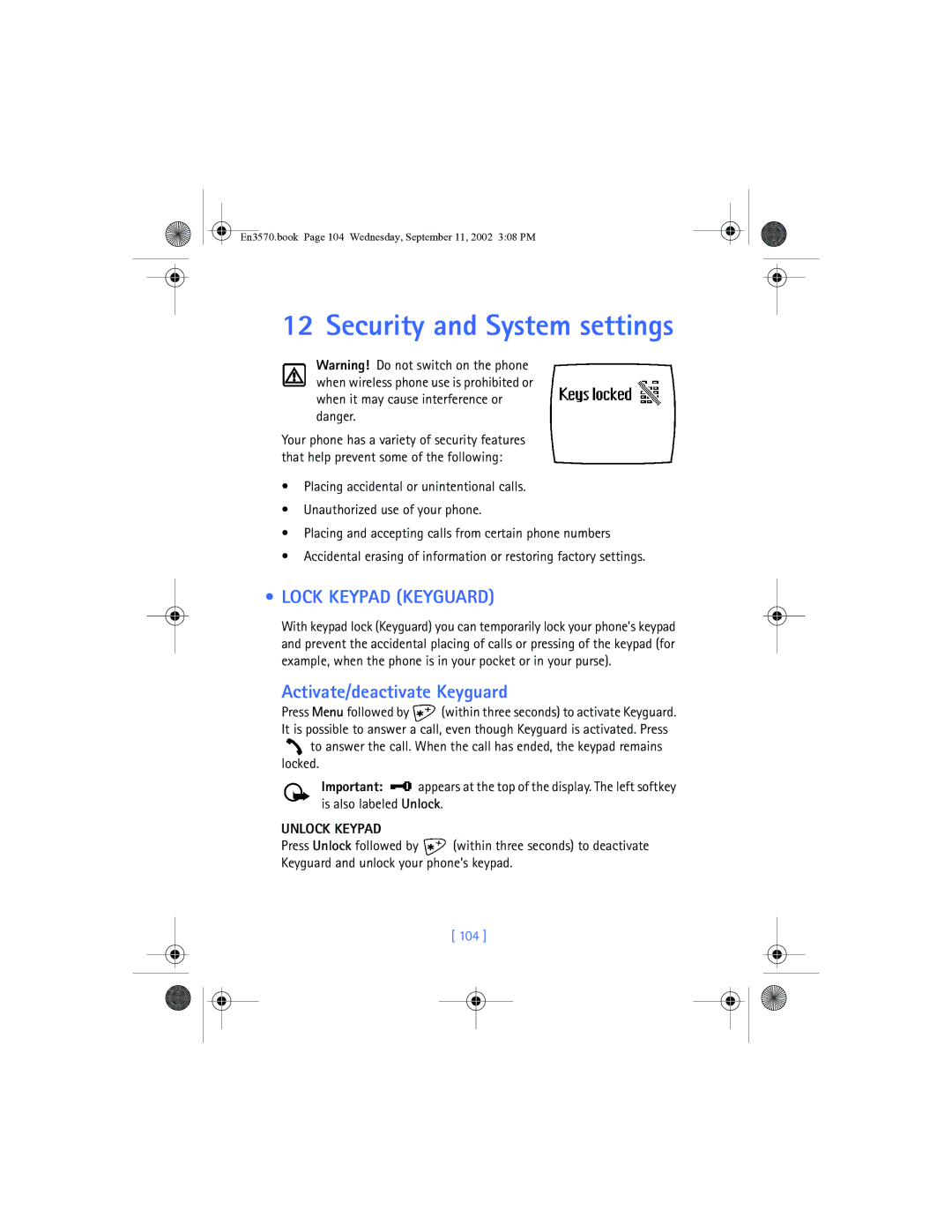 Nokia 3570 manual Security and System settings, Lock Keypad Keyguard, Activate/deactivate Keyguard, Unlock Keypad, 104 