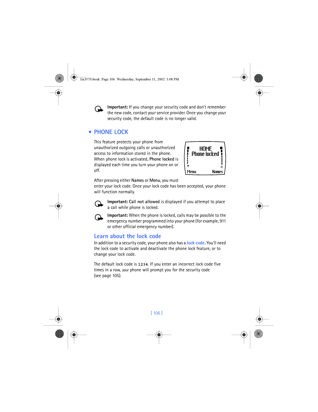 Nokia 3570 manual Phone Lock, Learn about the lock code, 106 