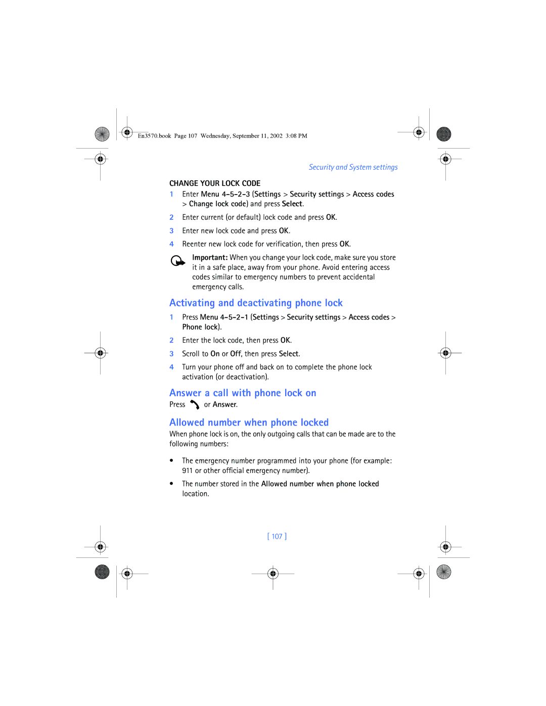 Nokia 3570 Activating and deactivating phone lock, Answer a call with phone lock on, Allowed number when phone locked, 107 