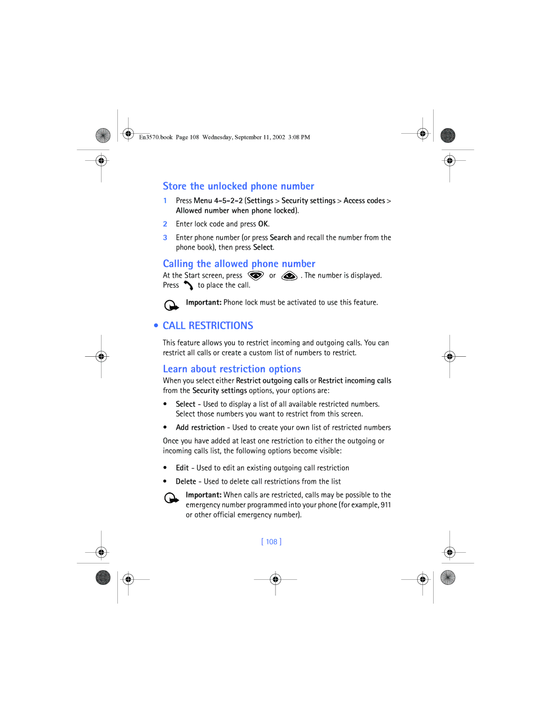 Nokia 3570 manual Store the unlocked phone number, Calling the allowed phone number, Call Restrictions, 108 