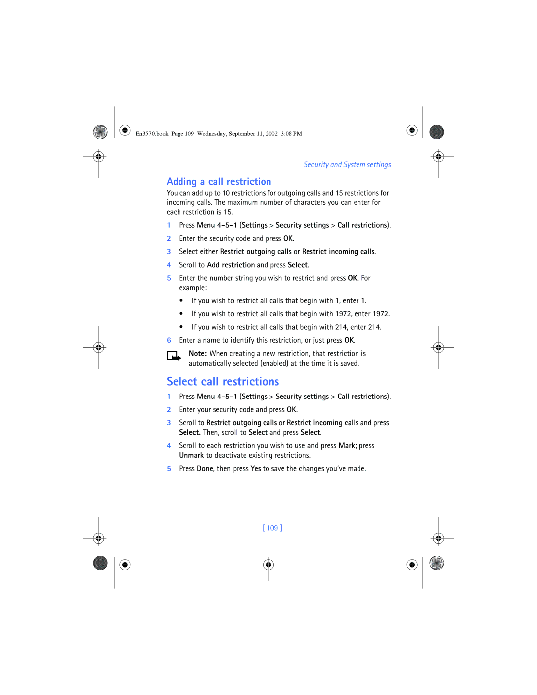 Nokia 3570 manual Adding a call restriction, Enter the security code and press OK, 109 