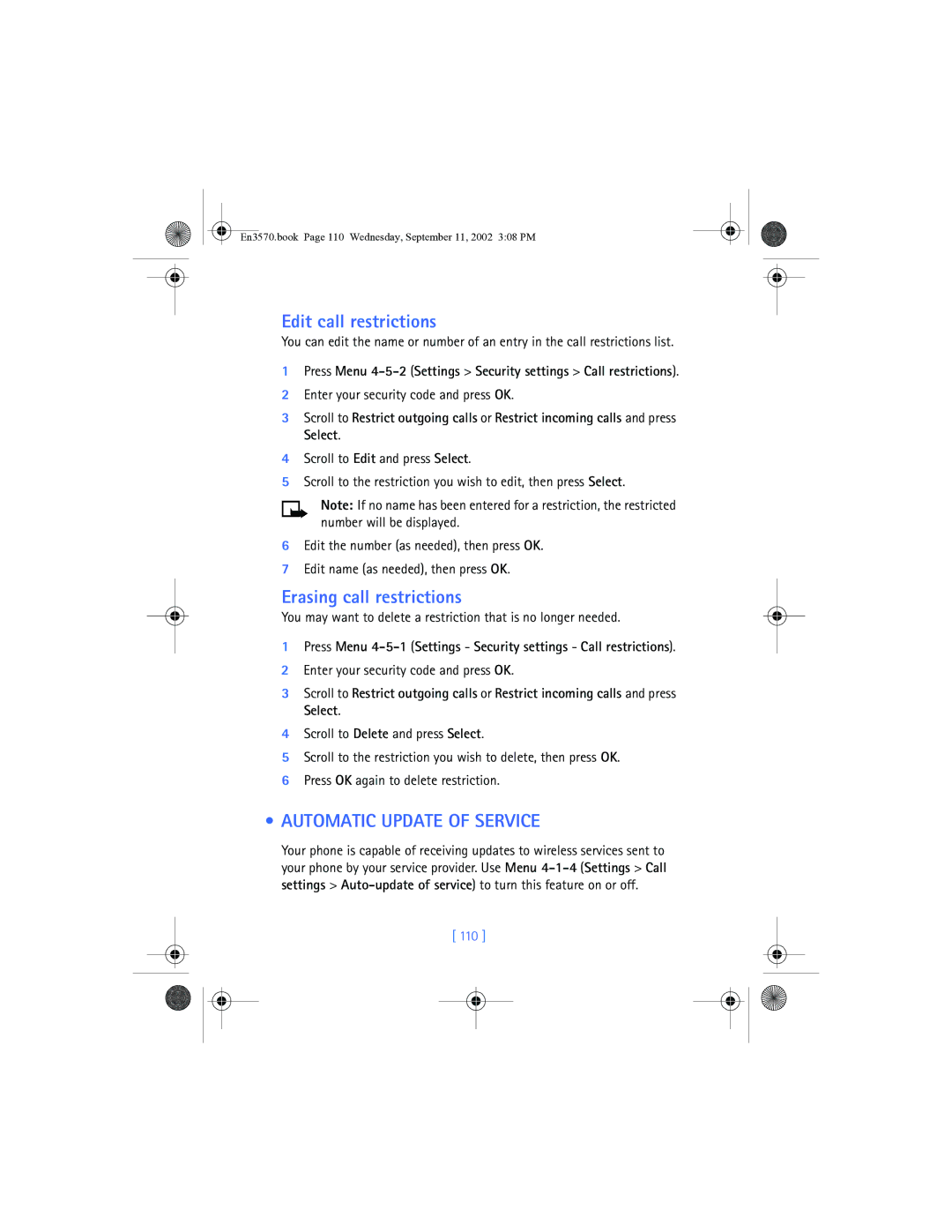 Nokia 3570 manual Edit call restrictions, Erasing call restrictions, Automatic Update of Service, 110 