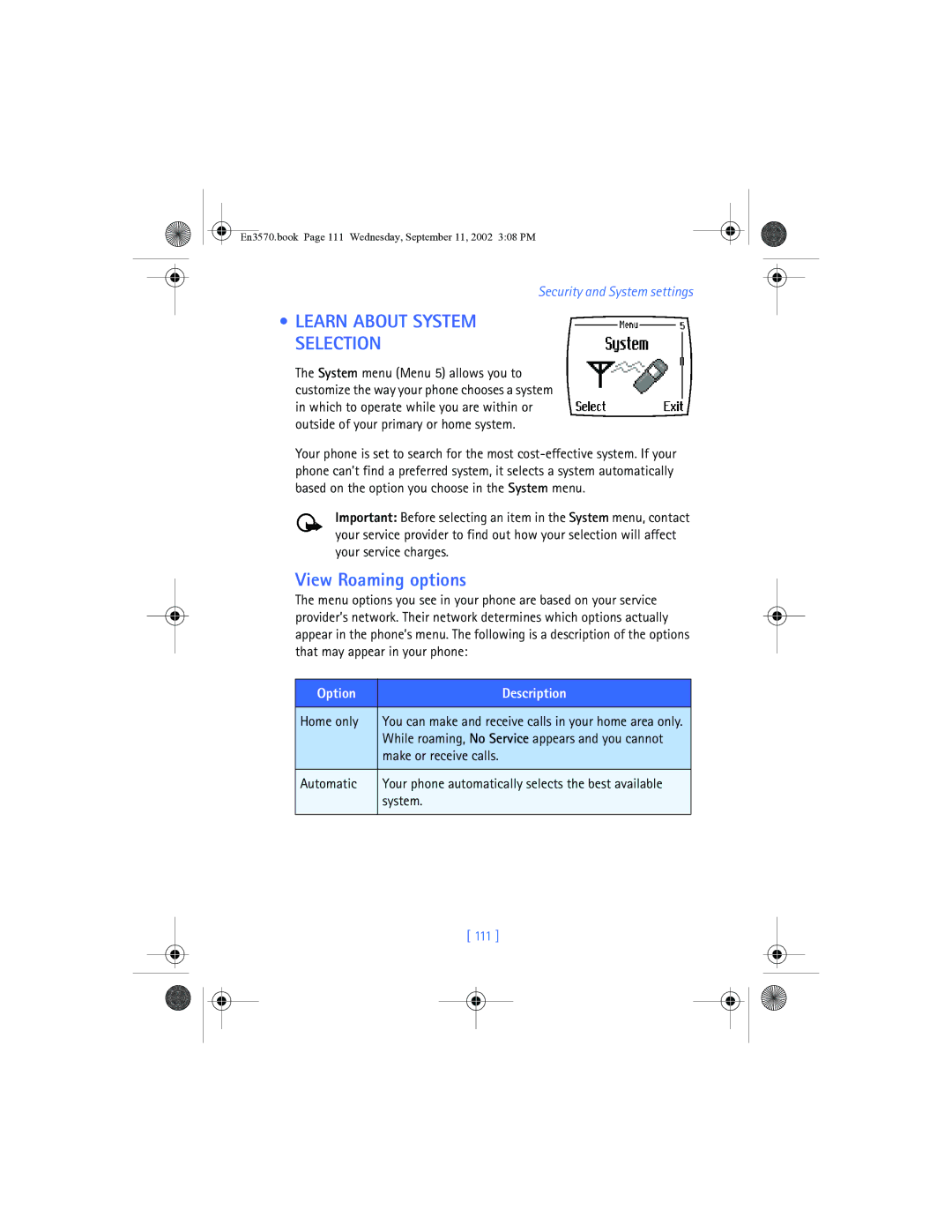 Nokia 3570 manual View Roaming options, 111 