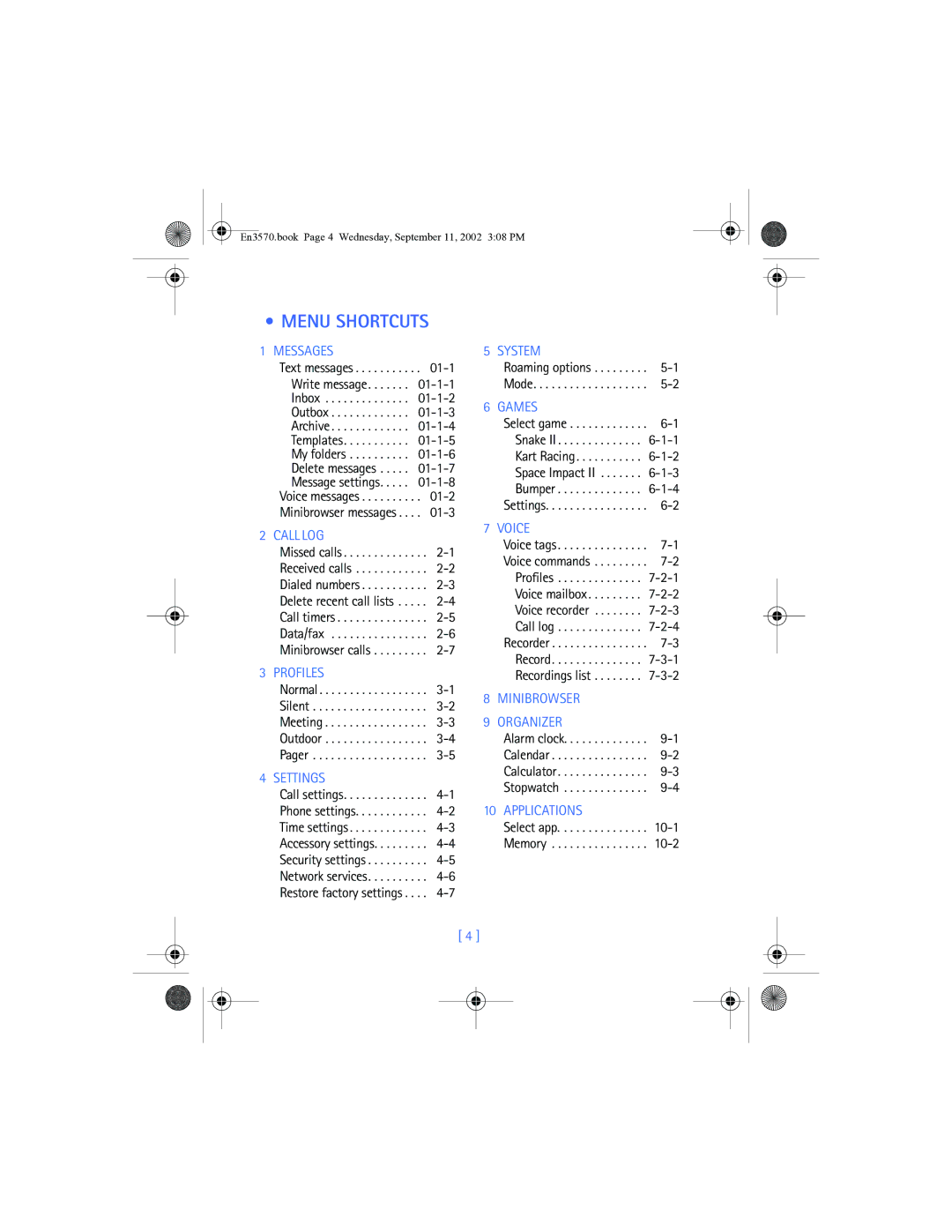 Nokia 3570 manual Menu Shortcuts, Normal Silent Meeting Outdoor Pager, Settings 