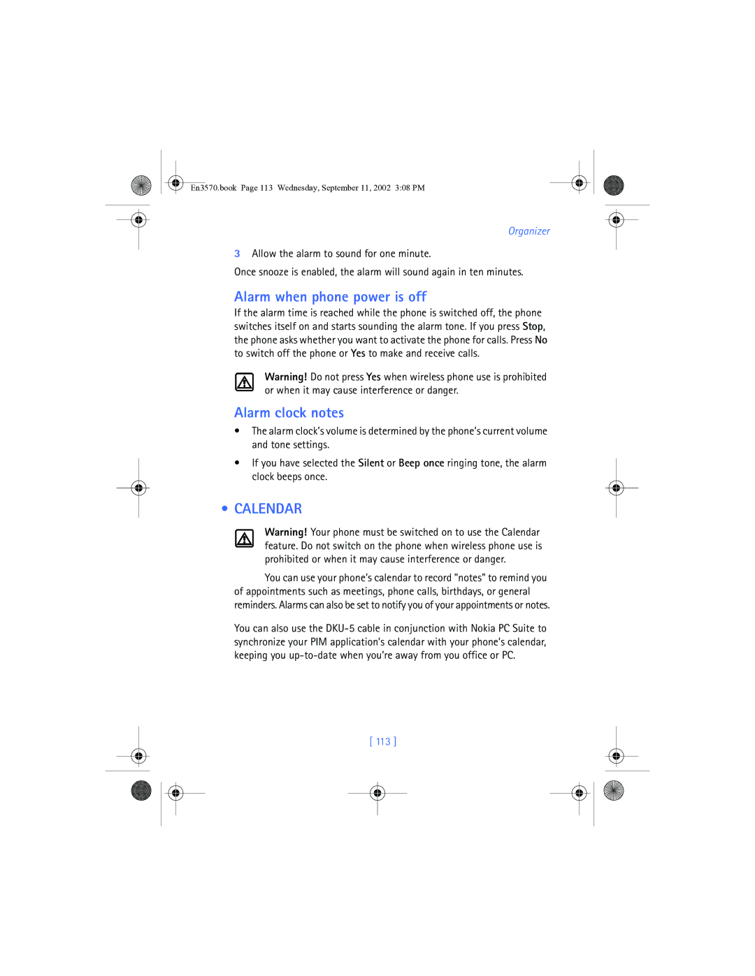 Nokia 3570 manual Alarm when phone power is off, Alarm clock notes, Calendar, 113 