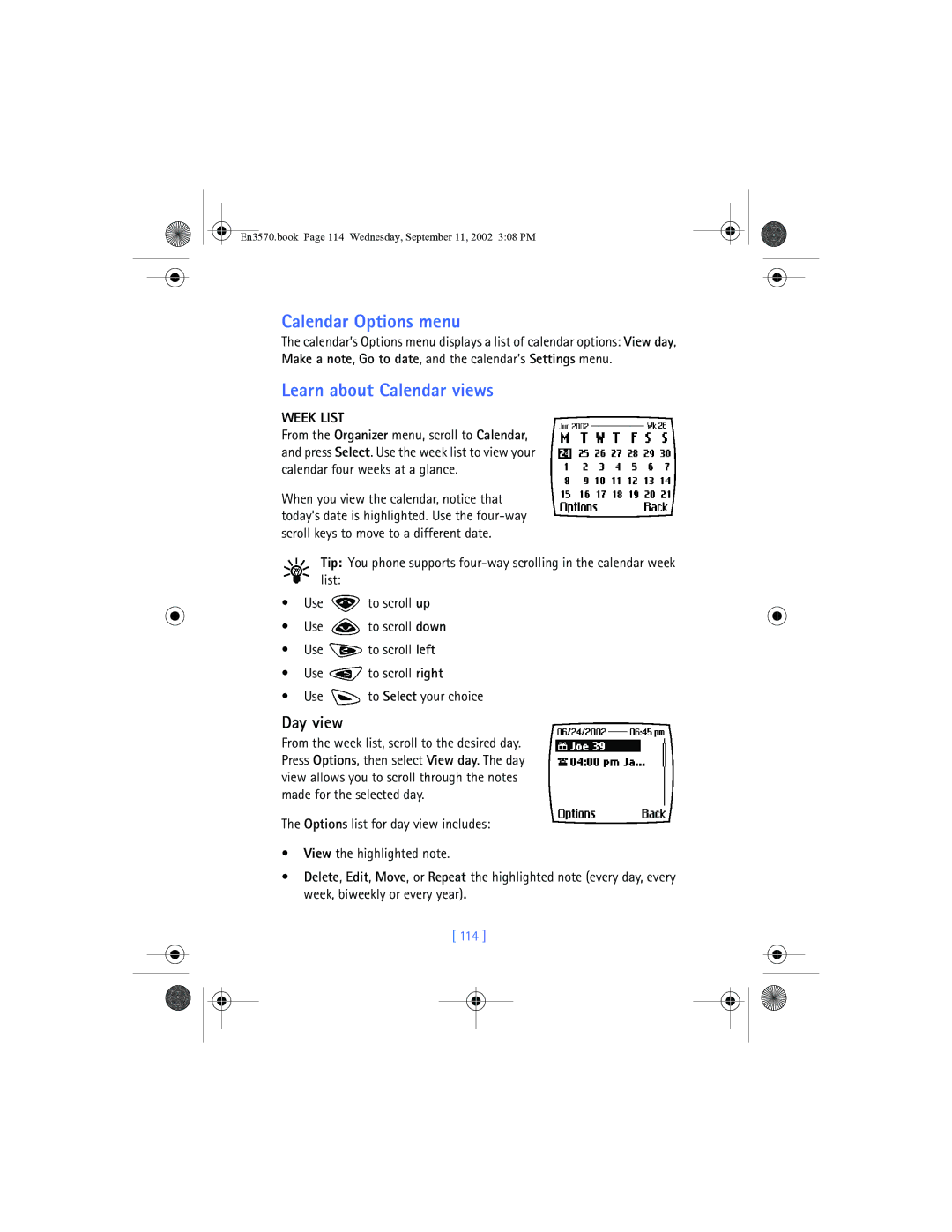 Nokia 3570 manual Calendar Options menu, Learn about Calendar views, Week List, 114 