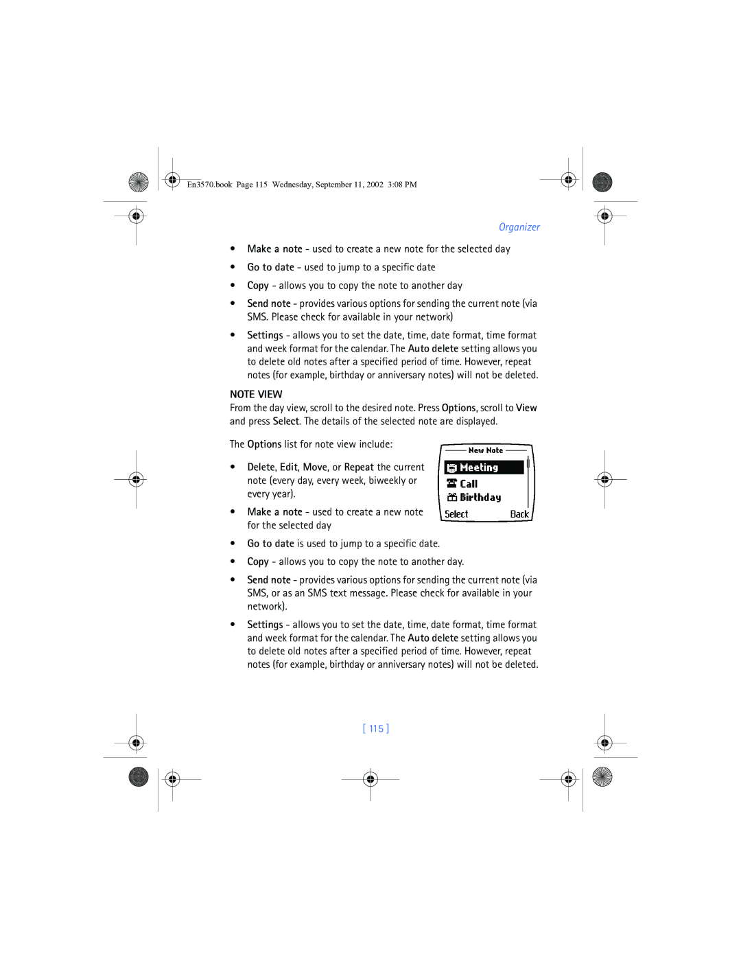 Nokia 3570 manual Options list for note view include, 115 