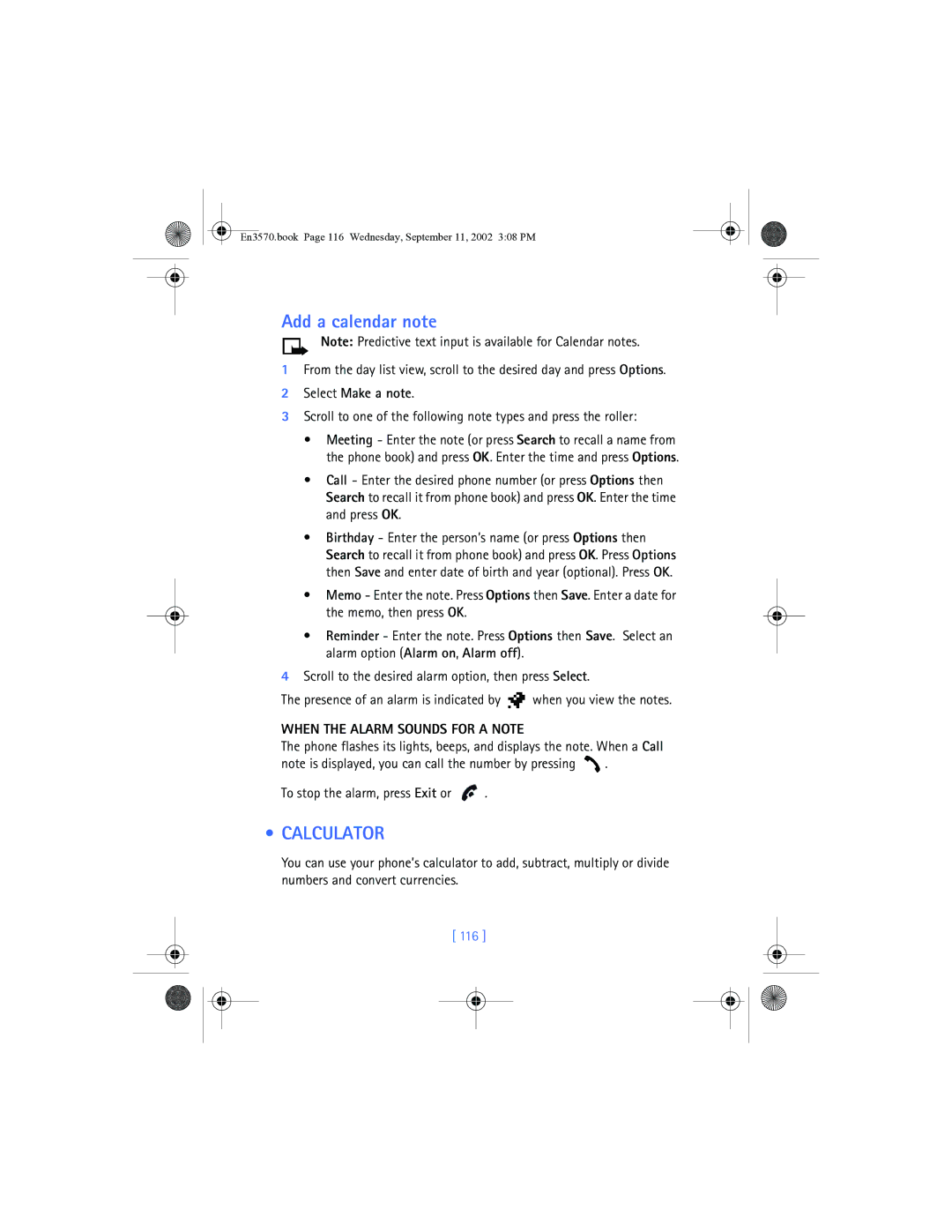 Nokia 3570 manual Add a calendar note, Calculator, Select Make a note, When the Alarm Sounds for a Note, 116 