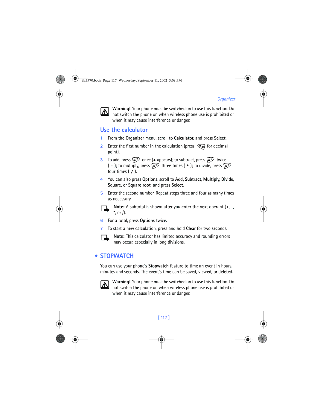 Nokia 3570 manual Use the calculator, Stopwatch, 117 