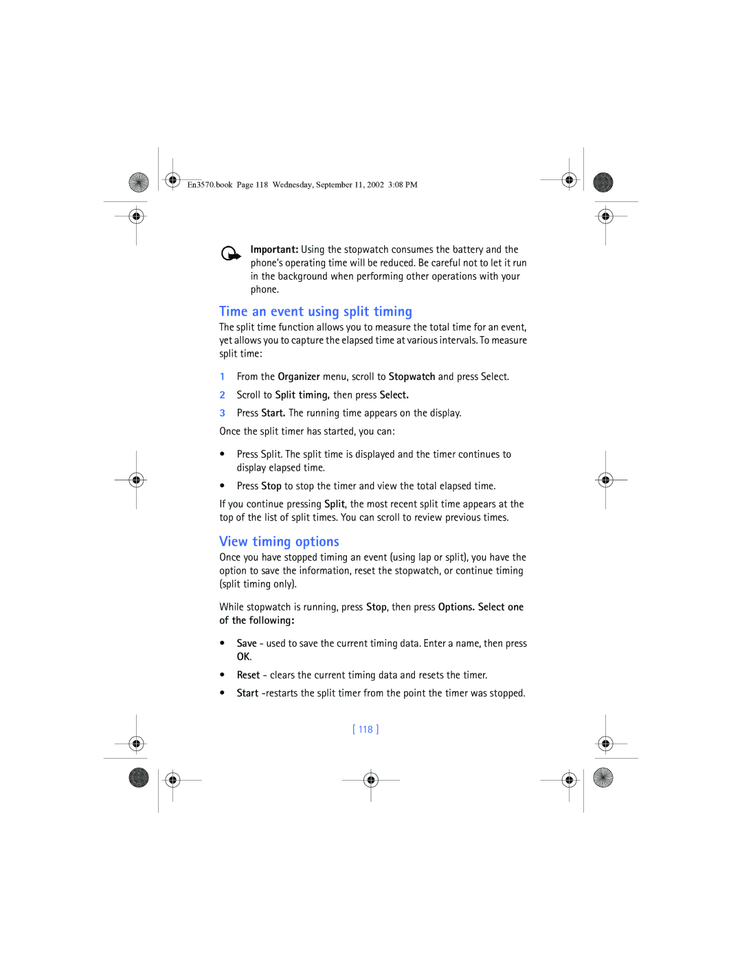 Nokia 3570 manual Time an event using split timing, View timing options, Following, 118 