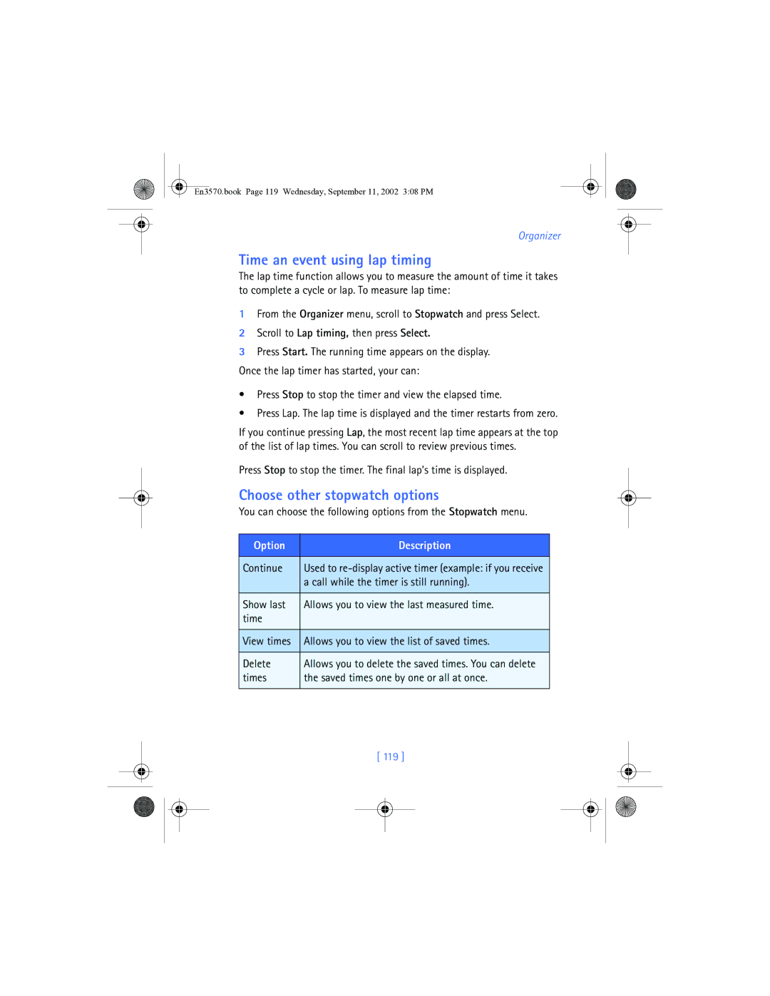 Nokia 3570 manual Time an event using lap timing, Choose other stopwatch options, 119 