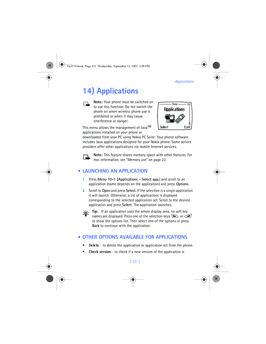 Nokia 3570 manual Launching AN Application, Other Options Available for Applications, 121 